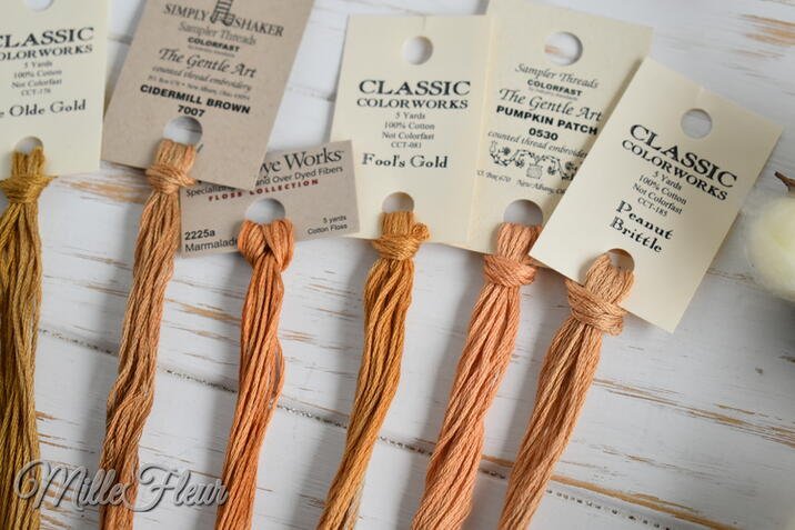 CCT-176 Ye Old Gold Classic Colorworks, 7007 Cindermill Brown The Gentle Art, 2225a Marmalade Weeks Dye Works, CCT-081 Fol's Gold Classic Colorworks, 0530 Pumpkin Patch The Gentle Art, CCT-185 Peanut Brittle Classic Colorworks.