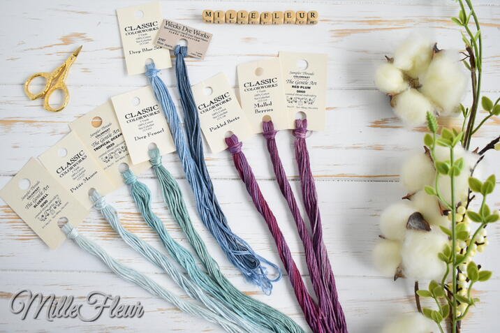 0290 Bluebell The Gentle Art, CCT-127 Petite Maison Classic Colorworks, 0920 Tropical Ocean The Gentle Art, CCT-053 Deep Fennel Classic Colorworks, CCT-065 Deep Blue Sea Classic Colorworks, 2107 Blue Jeans Weeks Dye Works, CCT-148 Pickled Beets Classic Colorworks, CCT-210 Mulled Beries Classic Colorworks, 0860 Red Plum The Gentle Art.