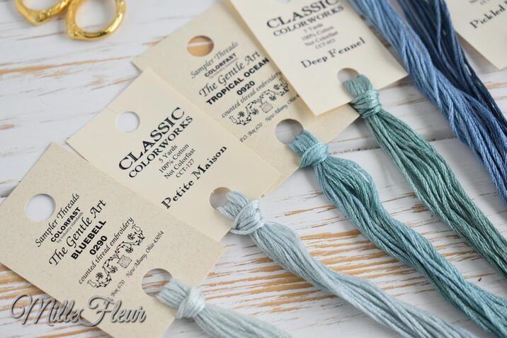 0290 Bluebell The Gentle Art, CCT-127 Petite Maison Classic Colorworks, 0920 Tropical Ocean The Gentle Art, CCT-053 Deep Fennel Classic Colorworks, CCT-065 Deep Blue Sea Classic Colorworks, 2107 Blue Jeans Weeks Dye Works