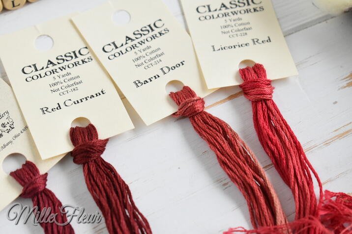 0312 Currant The Gentle Art, CCT-182 Red Currant Classic Colorworks, CCT-214 Barn Door Classic Colorworks, CCT-228 Licorice Red Classic Colorworks.